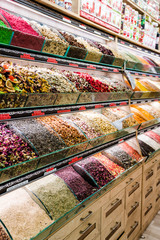 Tea shop. Colorful counter with tea