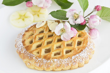 Fototapeta na wymiar small apple cake with apple tree blossom