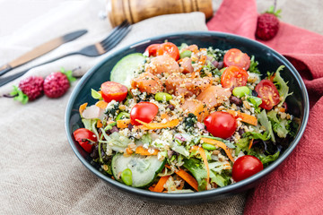 Salmon salad Gourmet cereals Cooked soy beans Cucumber Carrots
