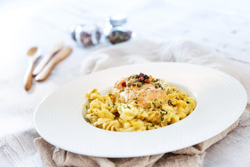 Smoked Salmon fusilli Pasta with Cream Sauce and boletus dill