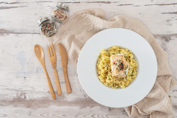 Smoked Salmon fusilli Pasta with Cream Sauce and boletus dill