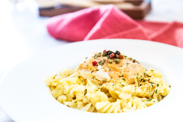 Smoked Salmon fusilli Pasta with Cream Sauce and boletus dill
