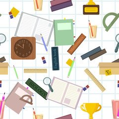 Plakat Seamless pattern with school stationery. Vector wallpapers for print on cover notebooks, children's clothes. Student preparation of subjects for return to the university, back to school.