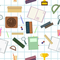 Seamless pattern with school stationery. Vector wallpapers for print on cover notebooks, children's clothes. Student preparation of subjects for return to the university, back to school.