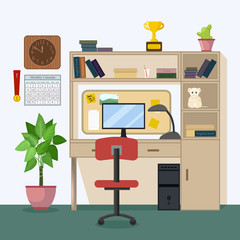 Home Workplace for education in school, university, academy. Modern teenager room interior design. Workspace for homework in Flat style - vector illustration. Boy or girl study room. Back to school
