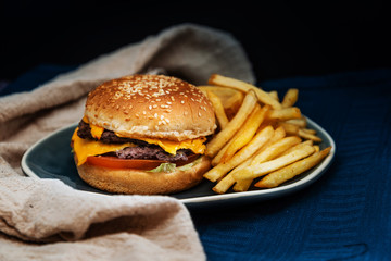 Cheese burger - American cheese burger with Golden French fries