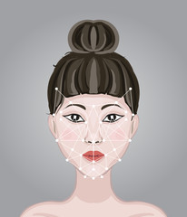 Face recognition. Facial scan to protect data from hackers. Woman Face with geometric points scanning. Search for a criminal. Technology smartphones and computers