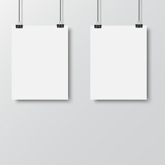 White poster hanging with binder on white background. Vector.