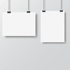 White poster hanging with binder on white background. Vector.