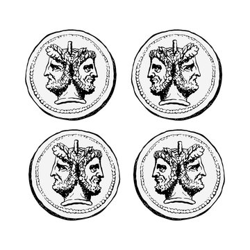 Two-faced Janus. Two male heads in profile, connected by the nape. Stylization of the ancient Roman coin. Graphical design. Vector illustration.