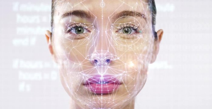 Futuristic and technological scanning of the face of a beautiful woman for facial recognition and scanned person. It can serve to ensure personal safety. Concept of:  future, security, scanning.