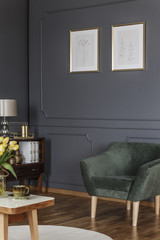 Green armchair and wooden cupboard standing against black wall with molding in the corner of a...