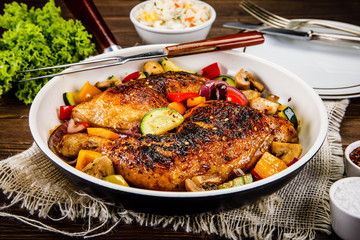 Roast chicken legs served on frying pan