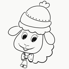 Funny fluffy lamb in a hat and with a bell on the neck