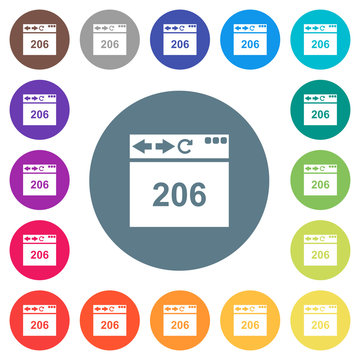 Browser 206 Partial Content flat white icons on round color backgrounds