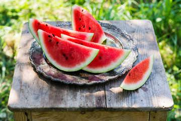 Watermelon slices in the garden