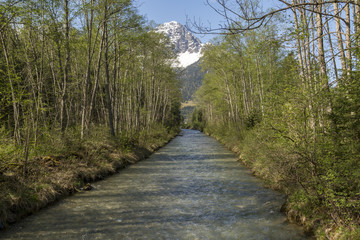 Little river with trees on both sides and a mountain top with snow in background