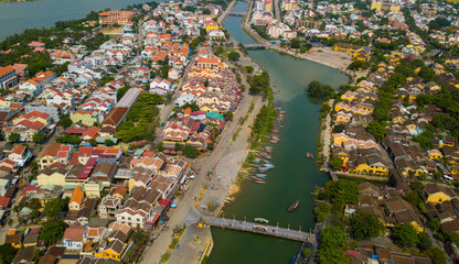 Fototapeta premium Hoi An, Vietnam : Panorama Aerial view of Hoi An ancient town, UNESCO world heritage, at Quang Nam province. Vietnam. Hoi An is one of the most popular destinations in Vietnam