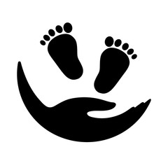 female hand and small children's feet icon.character of motherhood