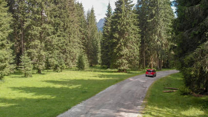 Fototapeta na wymiar Red car moving in the forest, aerial view