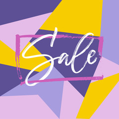 Sale lettering in the frame on bright background in violet and yellow colors. Dry brush trace. Vector hand calligraphy - 214234403