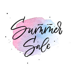 Summer sale brush lettering on violet watercolor stain. Vector illustration. Artistic calligraphy. - 214234414