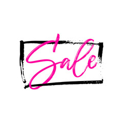 Pink Sale hand lettering in the frame. Dry brush trace. Vector illustration. Artistic calligraphy. - 214234497