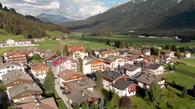 Aerial view of Dobbiaco town, italian dolomites