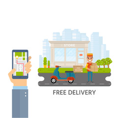 Naklejka premium Logistics and delivery service concept: motorbike, smiling couriers with packages, scooter and city background.