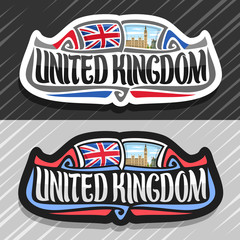 Vector logo for United Kingdom, fridge magnet with Union Jack state flag, original brush typeface for word united kingdom, national symbol of Great Britain - Big Ben in London on cloudy sky background