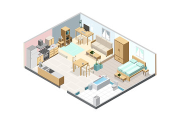 Isometric apartment isolated on white background. Kitchen, bedroom, living room and bathroom interior objects. Isometric furniture set.