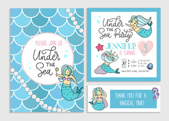 Under the sea party invitation for little girl mermaid. Set of greeting cards and invitations with hand drawn cute mermaids, lettering and doodles.