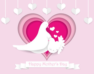 Happy Mother's day paper cut greeting card. Beautiful design template for Mother's day with frame of hearts, doves and white ribbon. Vector illustration.