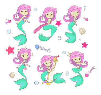 Set of cute mermaid characters isolated on white background. Kawaii mermaids with doodles for invitation, greeting card, poster etc.
