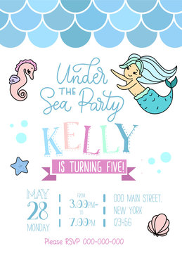Mermaid party invitation for little girl mermaid. Greeting card with hand drawn cute mermaid, lettering and doodles.