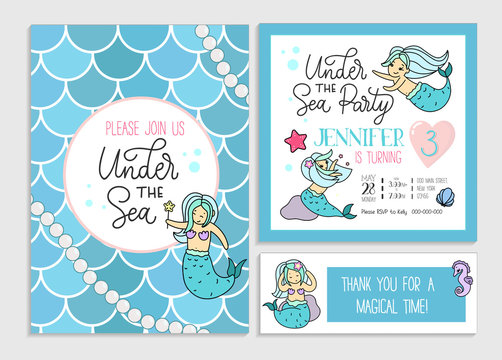 Under the sea party invitation for little girl mermaid. Set of greeting cards and invitations with hand drawn cute mermaids, lettering and doodles.