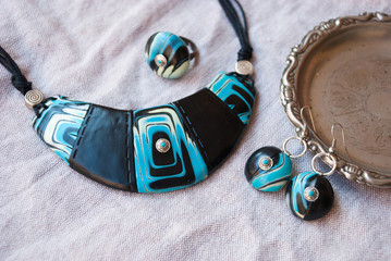 Boho elegance jewelry set bib necklace, earrings and ring from polymer clay. Unique design. Fashion...