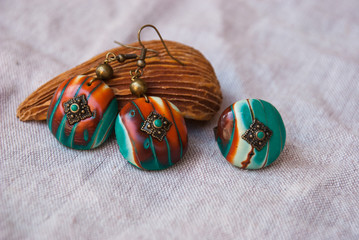 Bohemian elegance jewelry set  earrings and ring from polymer clay. Unique design. Fashion...