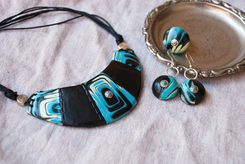 Boho elegance jewelry set bib necklace, earrings and ring from polymer clay. Unique design. Fashion...