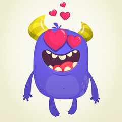 Cartoon blue cool monster in love. St Valentines vector illustration of  loving monster waving