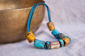 Handmade necklace from polymer clay in turquoise, brown and yellow colors. Boho ethnic jewelry....