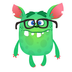 Cartoon green monster nerd wearing glasses. Vector illustration isolated