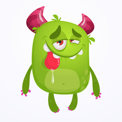 Cartoon green funny monster. Vector Halloween illustration of a green horned monster with long tongue. 