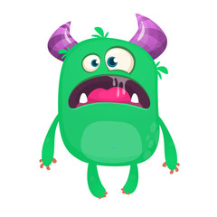 Cartoon green monster. Monster illustration with surprised expression. Shocking green gremlin mascot design. Vector Halloween illustration