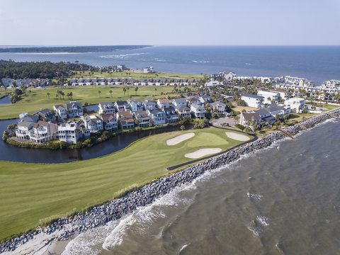 Aerial view of exclusive golf community on the Atlantic coast of USA.