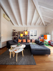 Front view with sofa, light wood beams - obrazy, fototapety, plakaty
