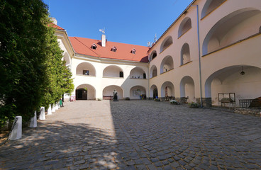 Fototapeta na wymiar The courtyard of the building is paved with cobblestone with growing trees and a small monument