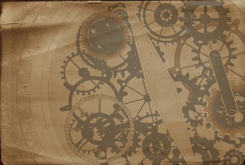 Fototapeta na wymiar Steampunk clock compass on background with cogs, gears on canvas paper