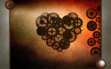 Steampunk vintage love heart with cogs and gears on paper canvas background