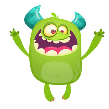 Cartoon green monster. Monster troll illustration with surprised expression. Shocking green gremlin mascot design. Vector Halloween illustration